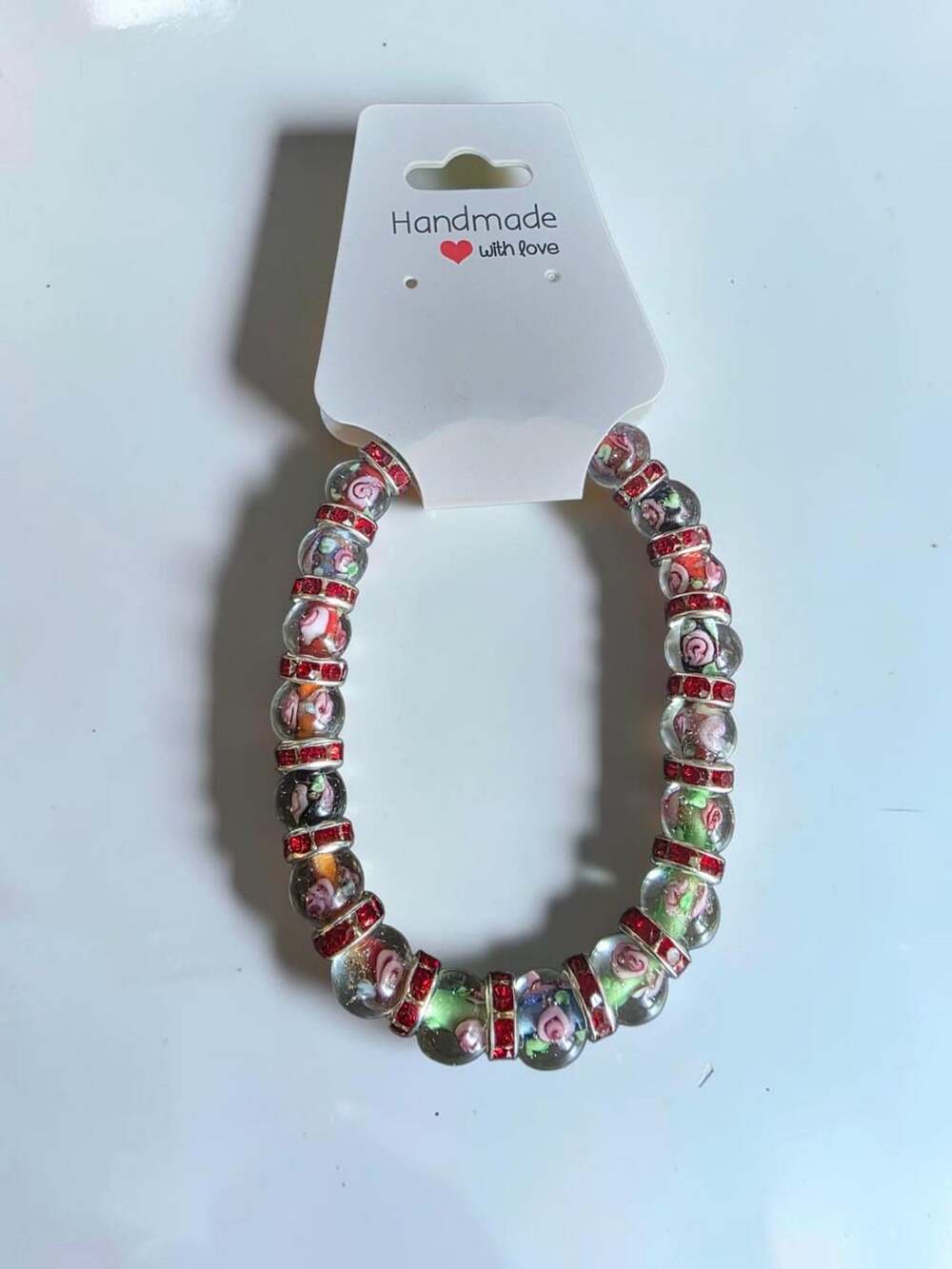 Glass Flower Lampwork Bead Bracelet Red Rhinestone Crystal